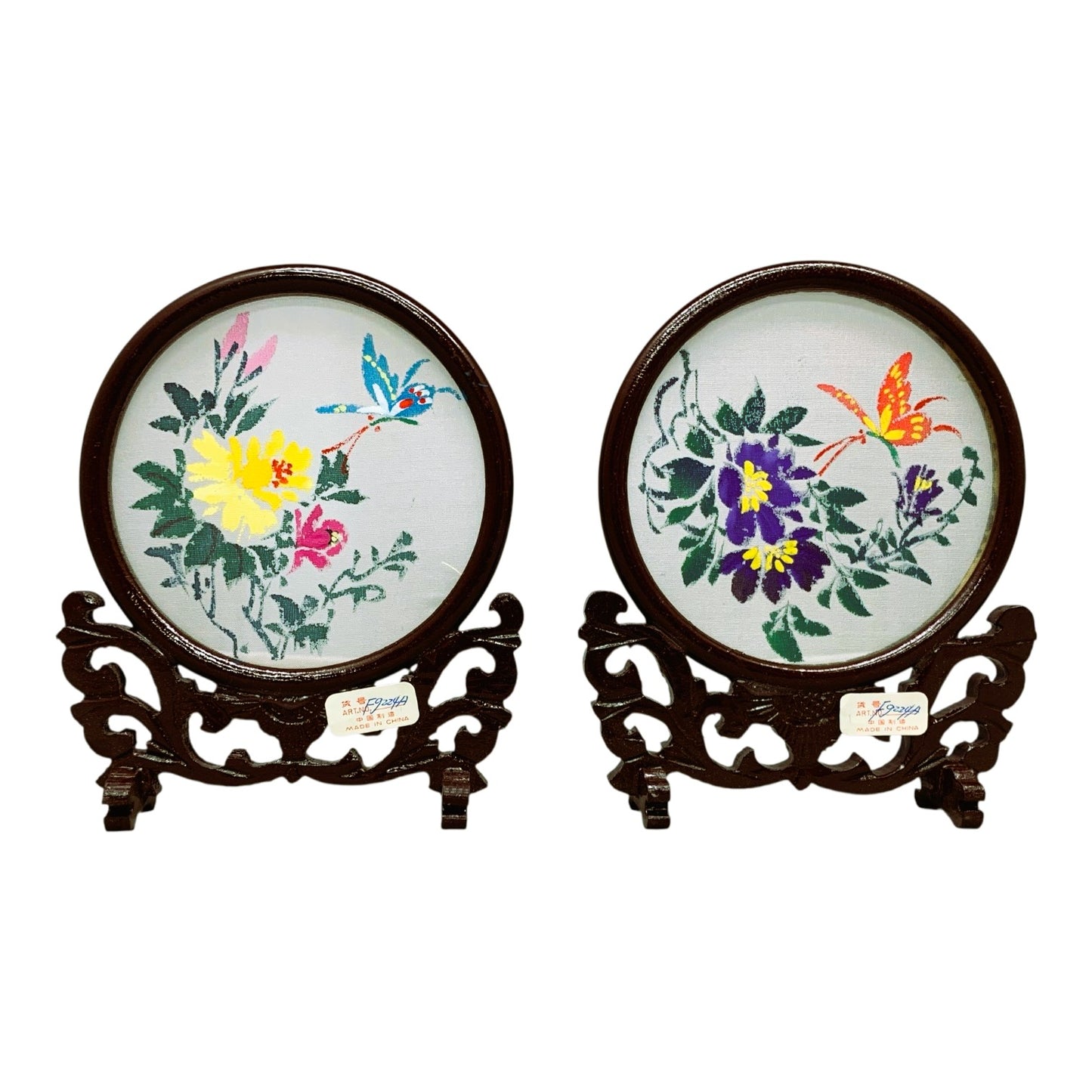 276 -Round Framed Butterfly and Flowers Motifs 6" Wood Stand Set |18-31|
