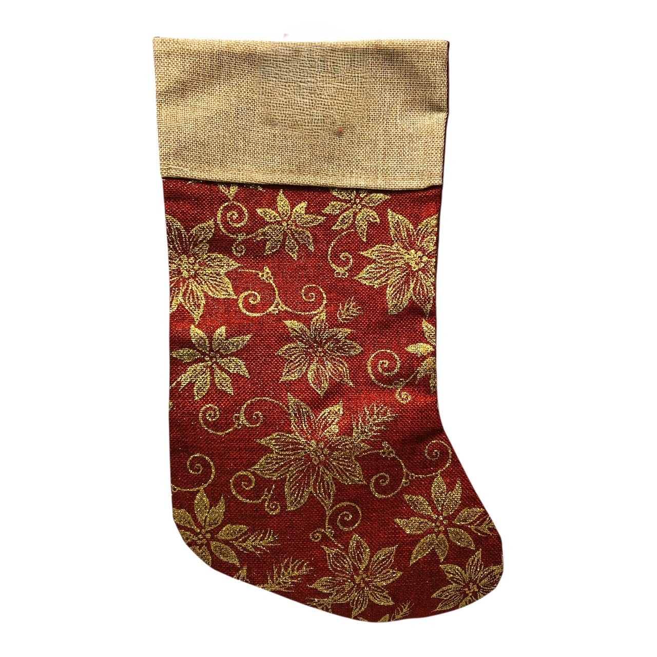 1209 - Burlap Gold and Red 17" Christmas Stocking |Pod 2-53|