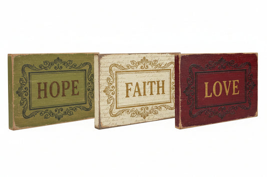 9414 - Set of Three Wooden Wall Signs: Love, Hope, Faith - 8" x 13.5" Each |TBD|