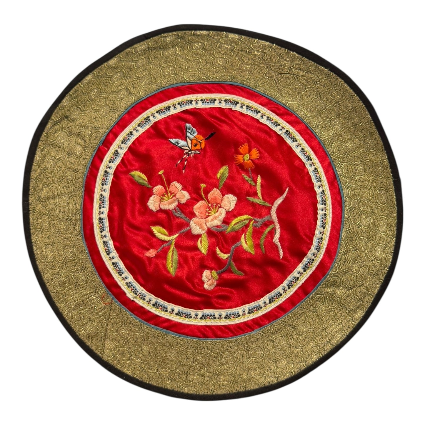 15016 - Vintage Silk 11" Round Embroidery Doily Stunning Flowers and Butterfly |17-30|