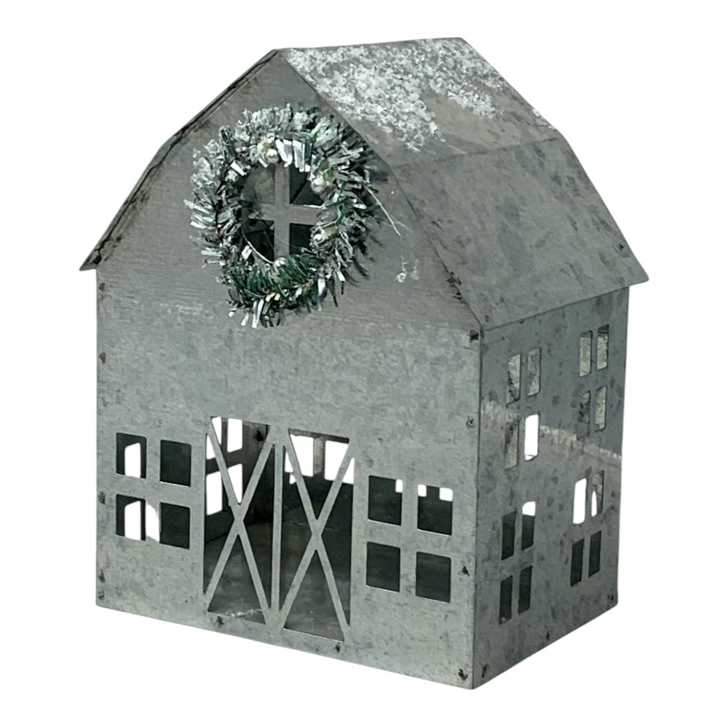 22363 - 8-Inch Silver Metal House Figurine With Miniature Evergreen Wreath |Pod 2-72|