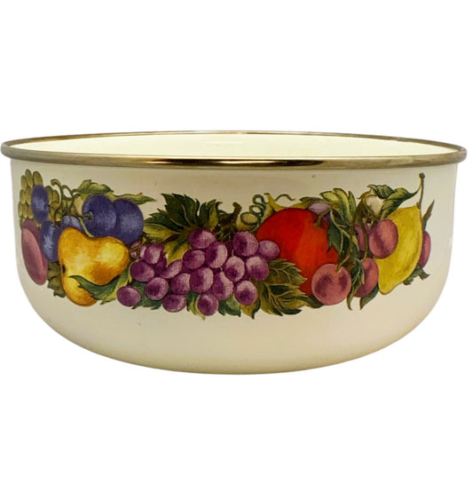 23574- Vintage Cornucopia Enamel Metal Mixing Bowl With Fruit Motif 7-Inch |9-20|