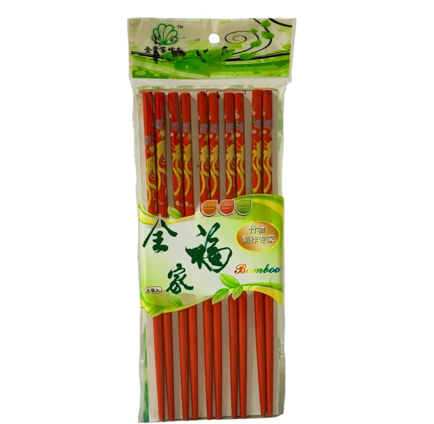 28694 - Red Bamboo Chopsticks With Golden Dragon Design, 5 Pairs |17-23|
