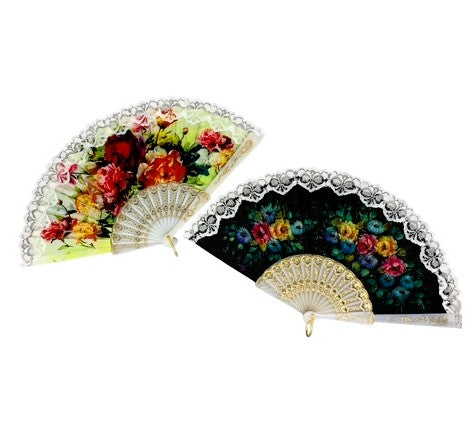 32683 - Set of 2 White Lace Fan With Assorted Flowers |12-23.5|