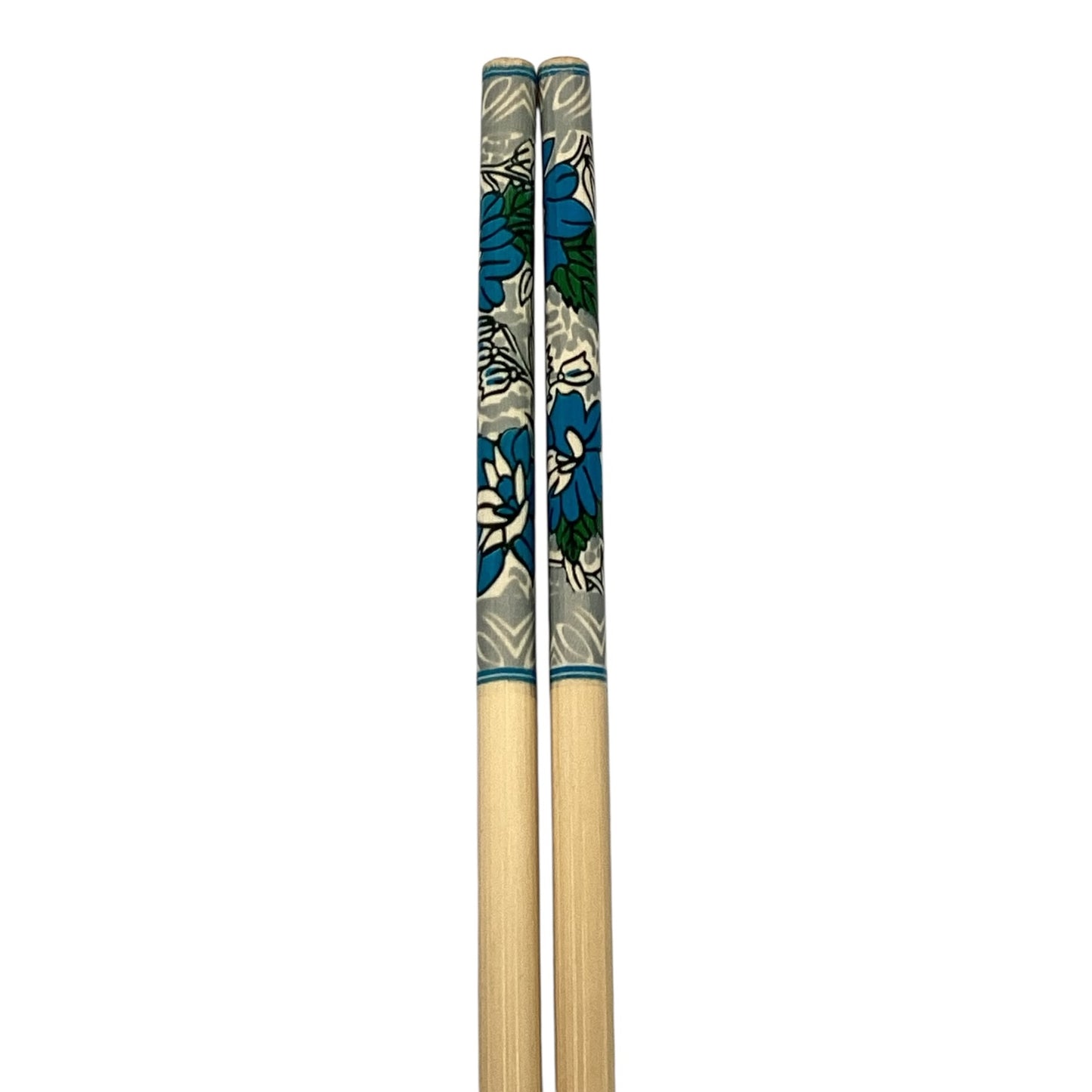 39912 - Chopsticks Set of Eight Pair Blue Flowers in Bloom Design Natural Wood |18-27|
