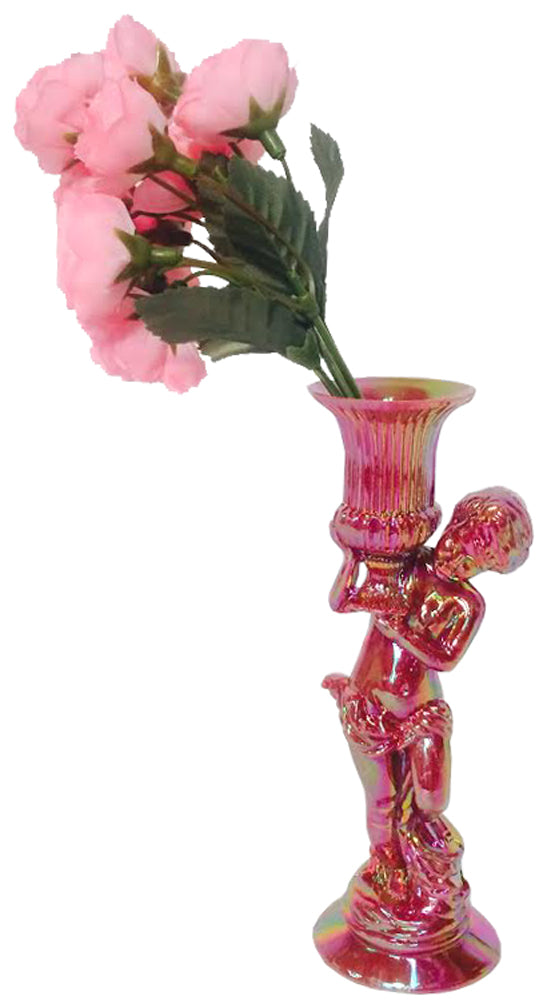 17908 - 7-Inch Plastic Vase With Faux Pink Roses |14-18|