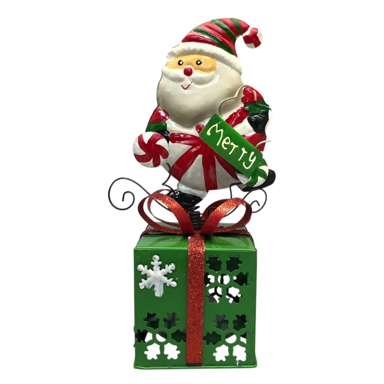 1908 - Charming 10-Inch Metal Santa Figure on Present for Christmas Holiday Decor |Pod 2-43|