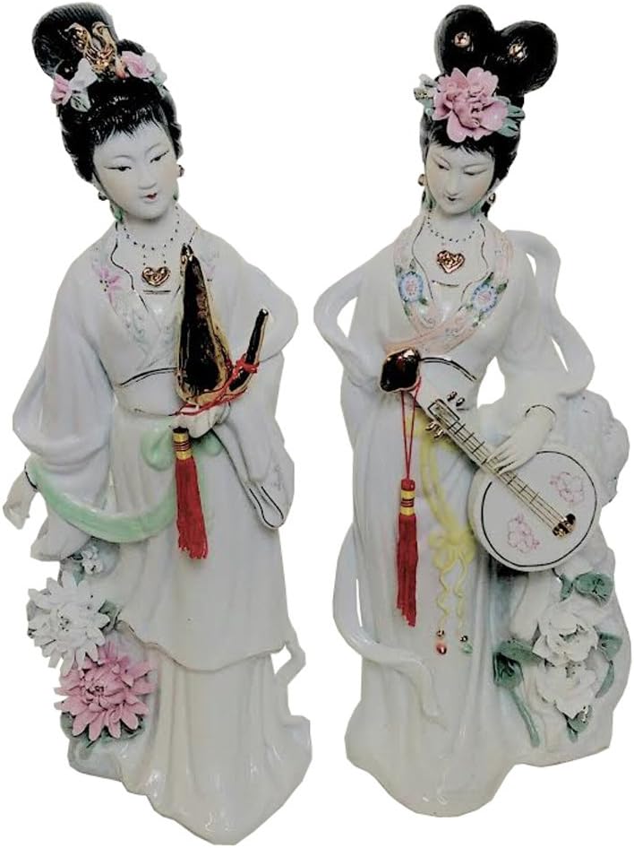 2223 - Stunning Two 18-Inch White Geisha Figures in Elegant Vase Sculpture for Timeless Japanese Home Decor |Bu-06|