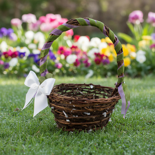 25554 - Charming 12" Woven Twig Basket with Ribbon & Bow Accents | TBD|