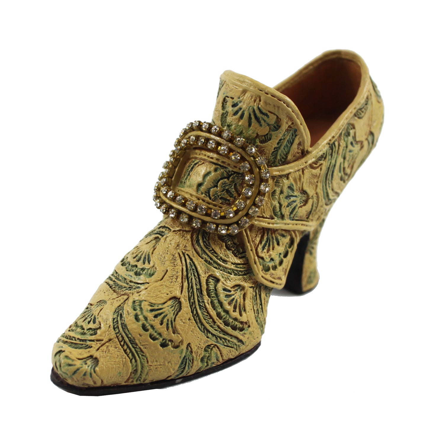 25702 - 4" Victorian Tan and Green High-Heeled Shoe Figurine with Rhinestone Buckle |1-27|