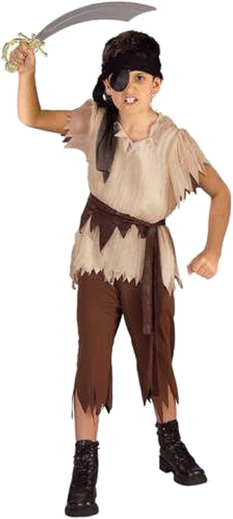25962 - Buccaneer Pirate Costume for Kids, Size M 8-10 with Shredded Tan Tunic, Brown Sash and Rugged Pants |BHA-11|