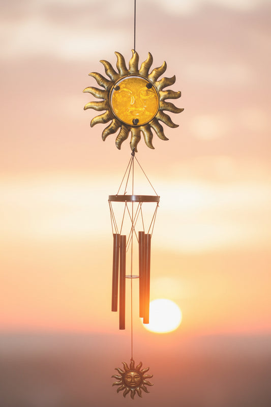29804- Yellow Or Red 26 Inch Sun Face Metal And Glass Wind Chime Outdoor Decor For Garden Patio |G-11|