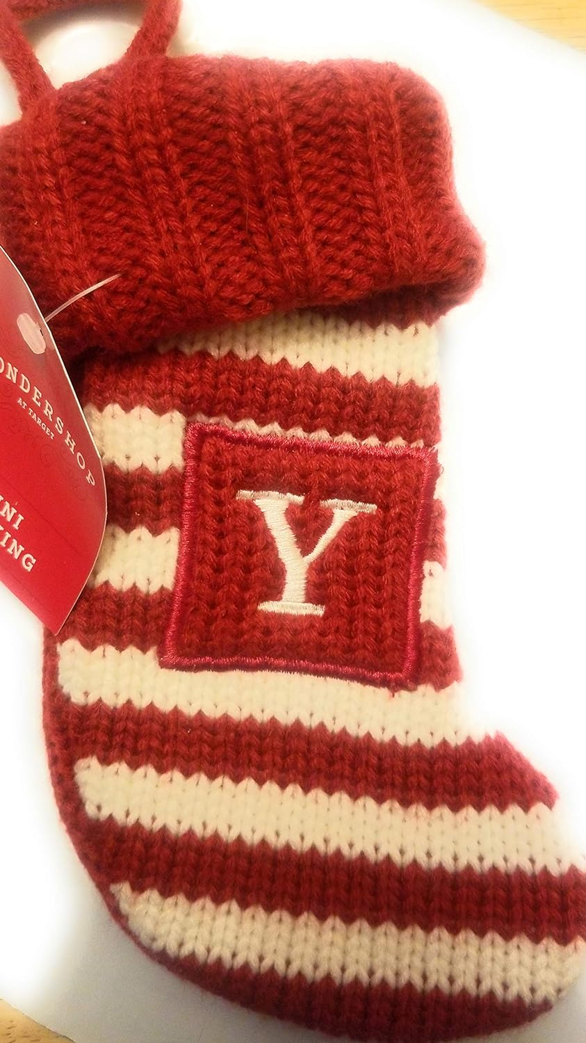 33563 - Striped 8" Red and Faux Ivory Knit Christmas Stocking with Initial 'Y' |Pod 2-53|