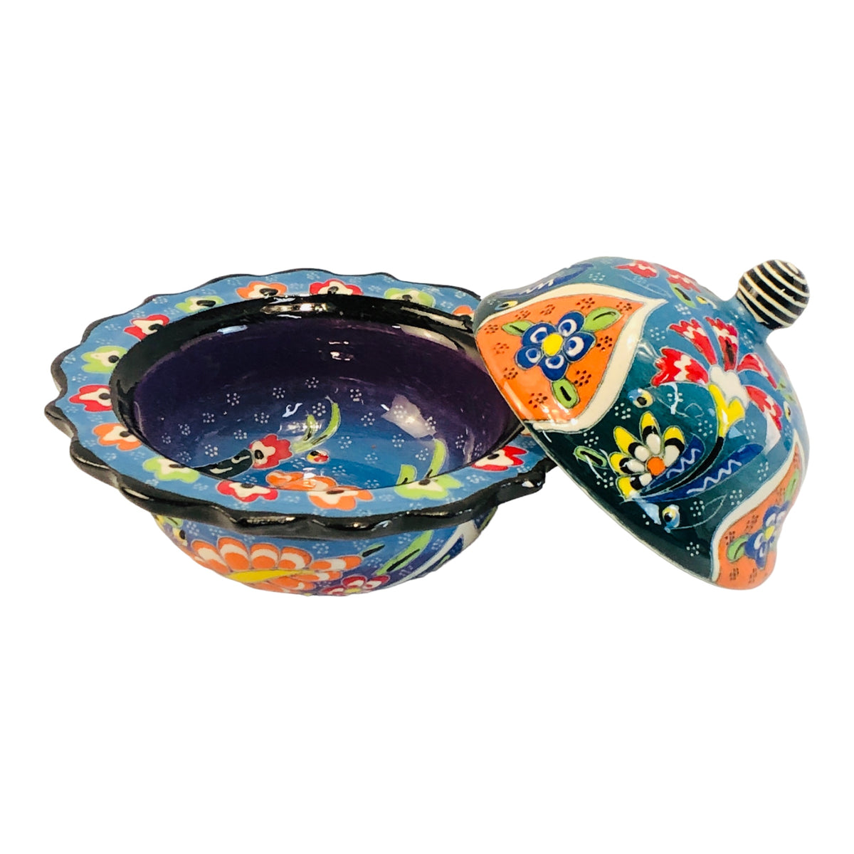 33636 - Turkish Sugar Bowl or Candy Dish 5" Enamel Bowl w/Lid Blue |Z-76|