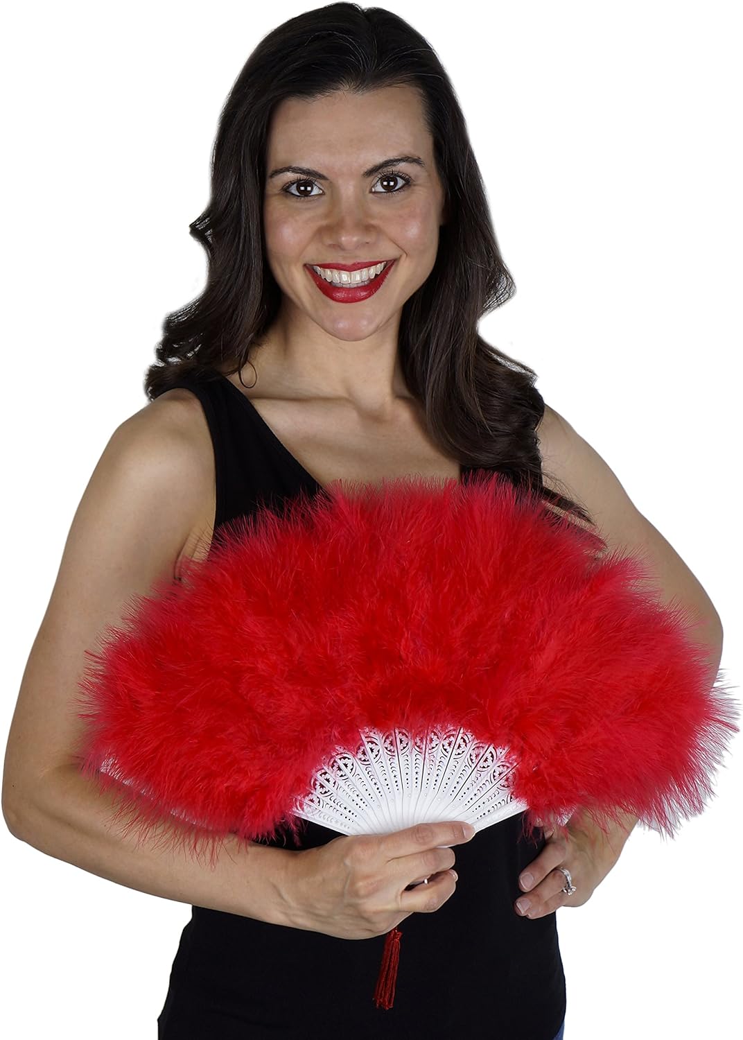 3443 - 12" Red Feather Folding Fan - |W-29|