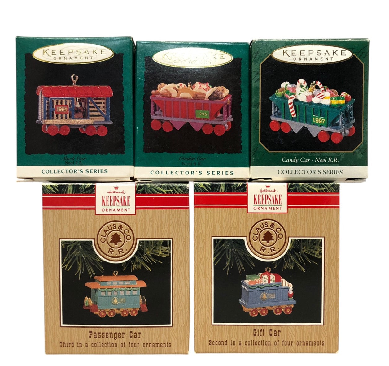37181 - Set of 5 Tint Trains Holiday Ornaments Including Candy Car, Gift Car, Passenger Car, Stock Car, and Cookie Car