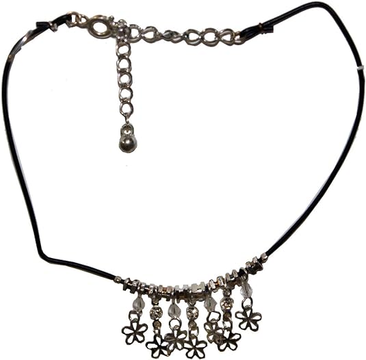 4379 - Anklet Silver Flowers on Black - |Clear-126 or Clear-207|