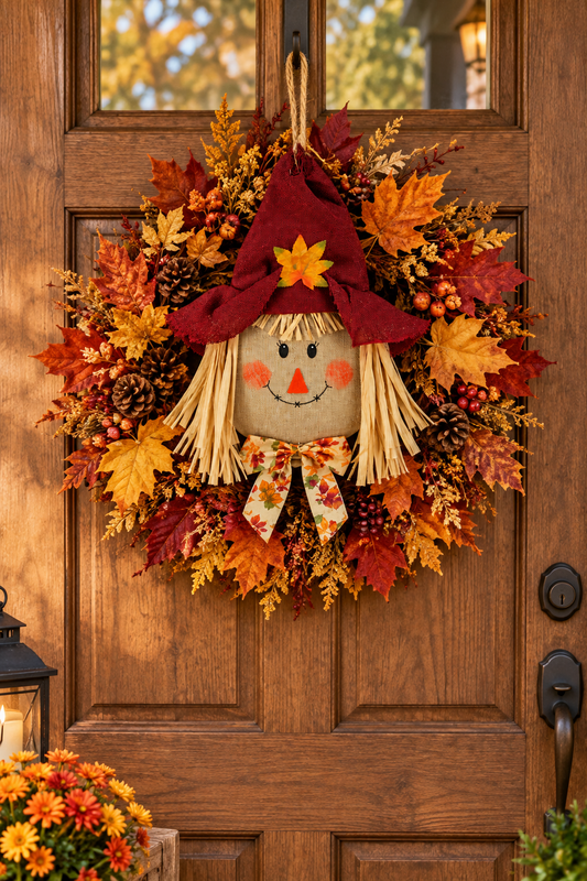 7879 -14" Rustic Harvest Scarecrow Head with Red Hat |Pod 2-48|