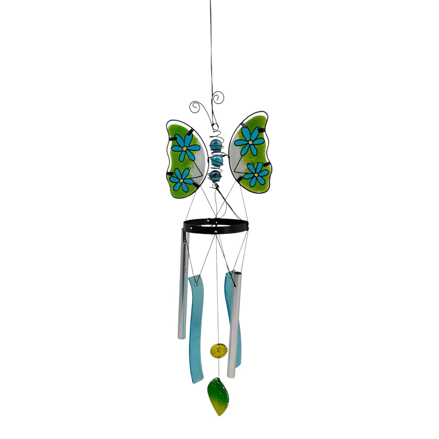1431 - Blue/Green Glass Butterfly Wind Chime With Flower-Accent Wings 18-Inch |G-8|