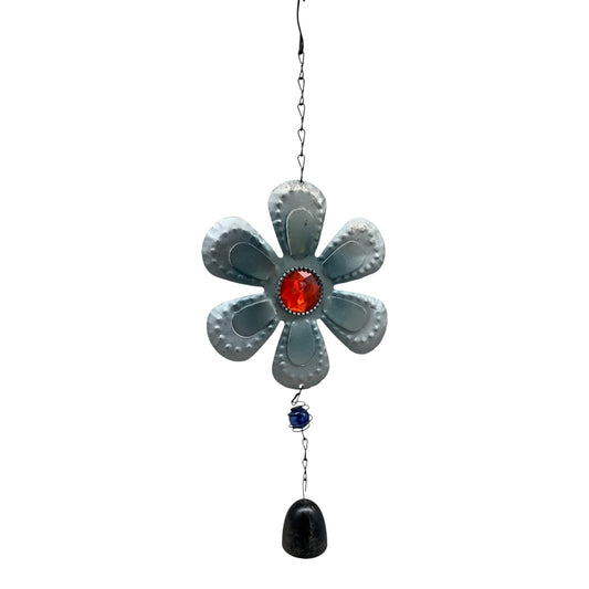28669 - 15" Metal Silver Flower Windchime Red Jewel |G-7|