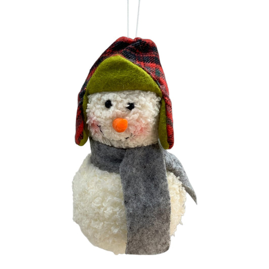 23393 - Snowman Ornament w/ Carrot Nose 5" 2-Ball Snowman Plaid Hat Grey Scarf |Pod 2-10|