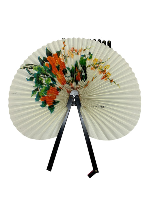 17200 - Set of 6 Hand Fans 10" Two Green Birds/Orange Flowers Fan |W-19|