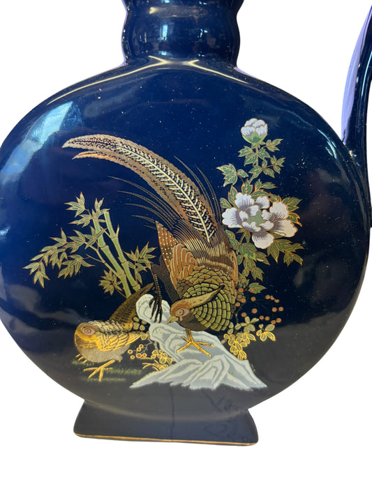 38406 - 10.5" Navy Blue Vase with Pheasants Ceramic |5-16|