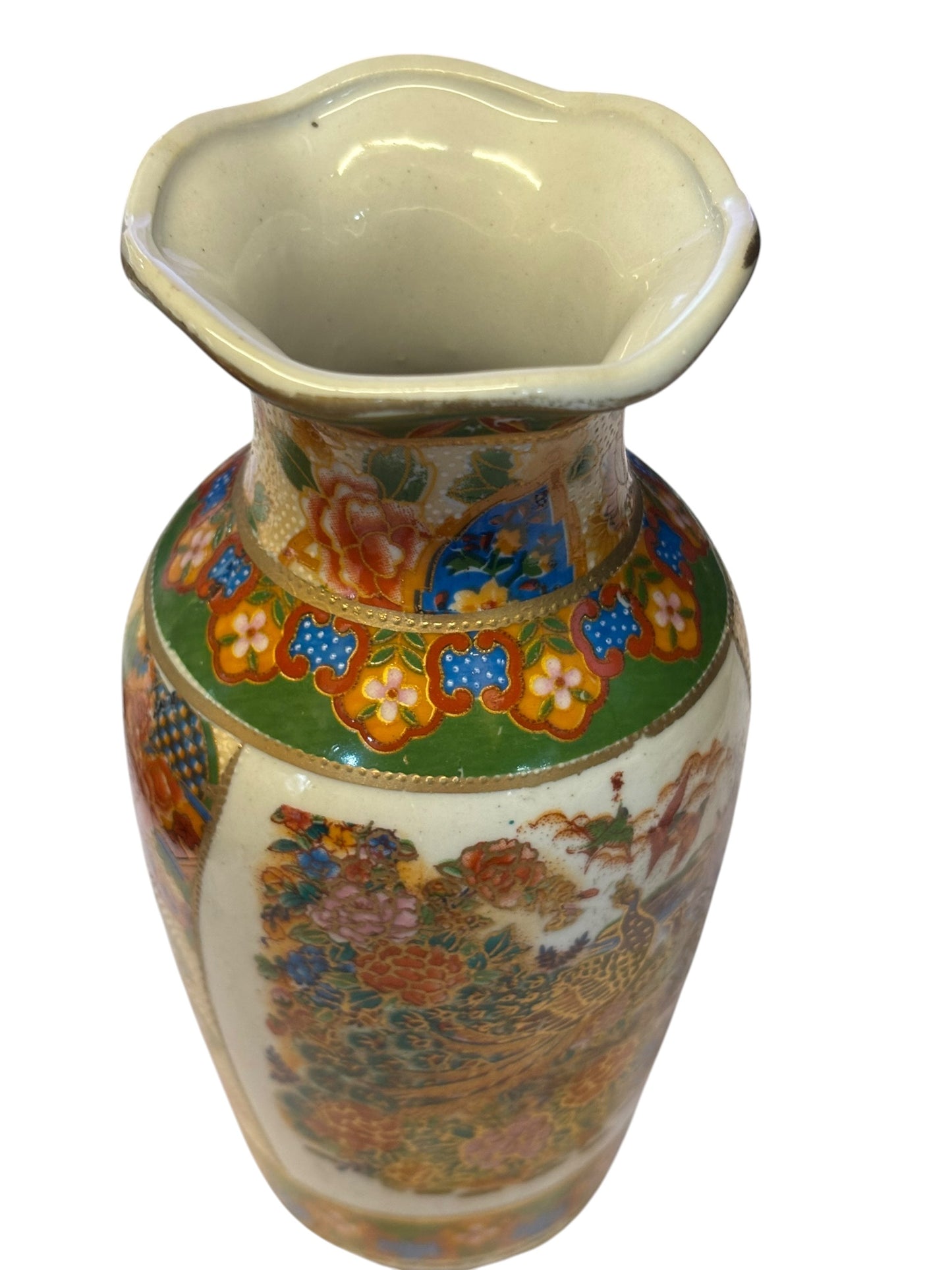42748 - 6" Vintage Satsuma Vase With Pheasants And Flowers |8-16|
