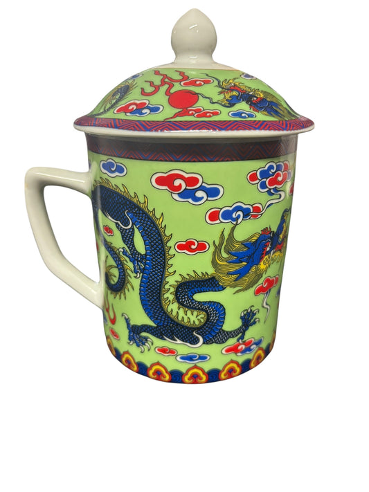 15685 - Set of two Tea Mug Green w/ Blue Dragon |10-15| |Pod 3-27|