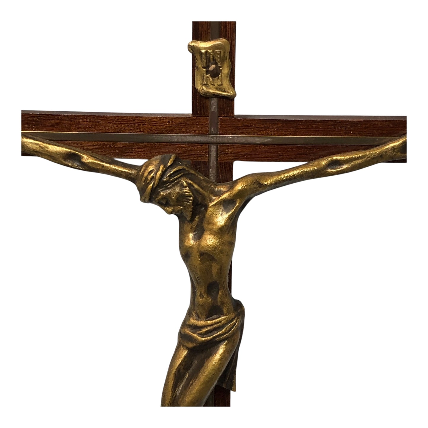 37160 - Vintage 7" Brass and Wood Inlaid Crucifix Cross |1-26|