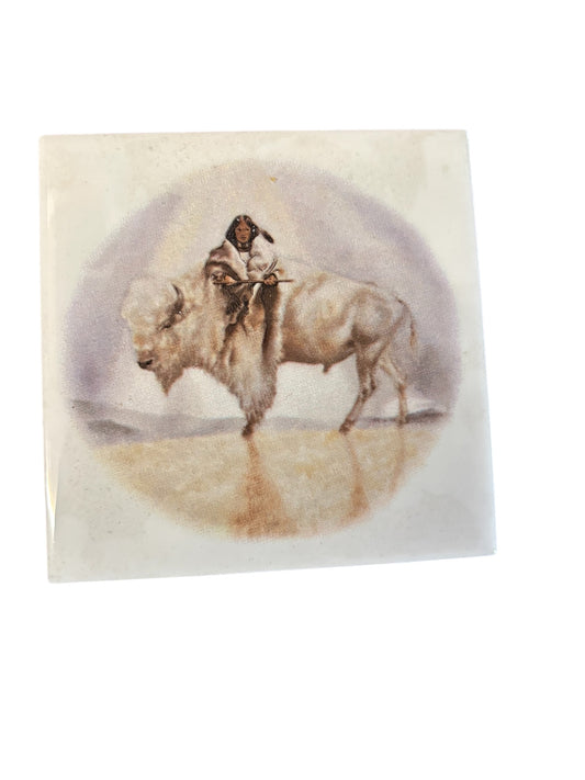 41579 - HAND CRAFTED Ceramic Tile 4" Buffalo and Indian |17-30|