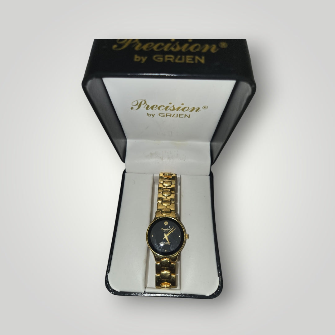 20524 - Precision by Gruen Watch with Box- Gold Tone Band and Black Face - |Clear-|