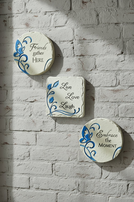 35690 -3 Inspirational 2" Plaques "Live Laugh Love", "Friends Gather Here", and "Embrace the Moment |9-4|