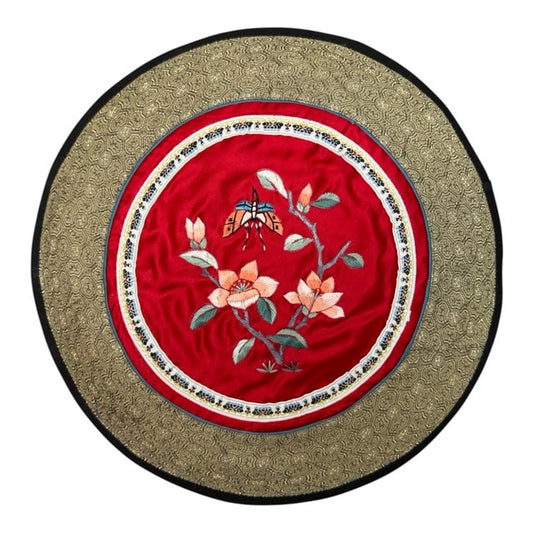 39 - Vintage Silk 11" Round Embroidered Doily Beautiful Butterfly and Flowers |17-30|