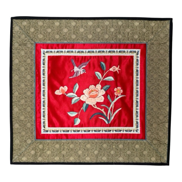 1607 - Vintage Silk 11" Square Embroidered Doily Bird and Flowers |17-30|