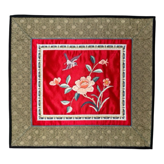1607 - Vintage Silk 11" Square Embroidered Doily Bird and Flowers |17-30|