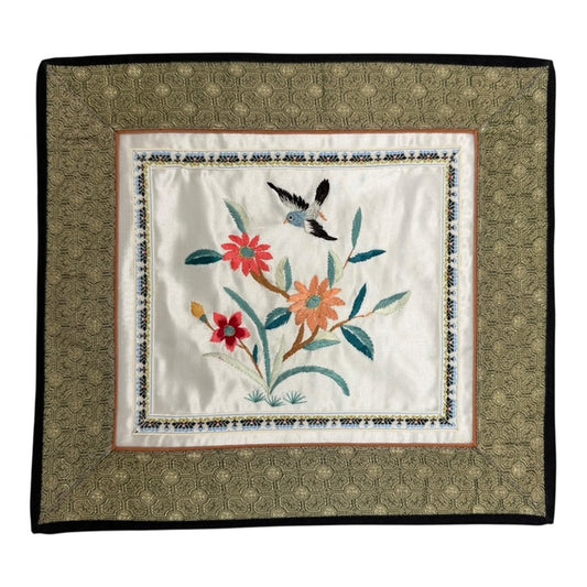 2314 - Vintage Silk Square Flowers & Bird Embroidery Doily |17-30|