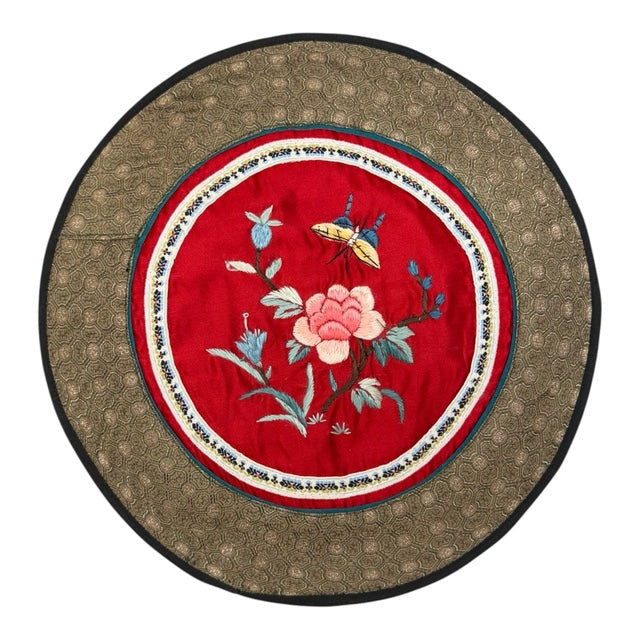 2445 - Vintage Silk 11" Elegant Round Embroidery Doily Butterfly & Pink Flower |17-30|