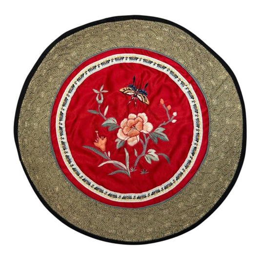 3532 - Vintage Silk 11" Round Embroidery Doily Beautiful Flowers and Yellow Butterfly |17-30|
