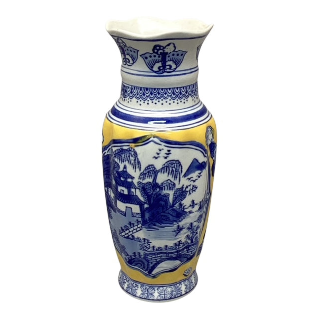 4060 - Blue and Yellow 10" Ceramic Oriental Pagoda Scenery Vase |22-1|