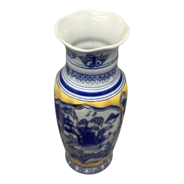 4060 - Blue and Yellow 10" Ceramic Oriental Pagoda Scenery Vase |22-1|