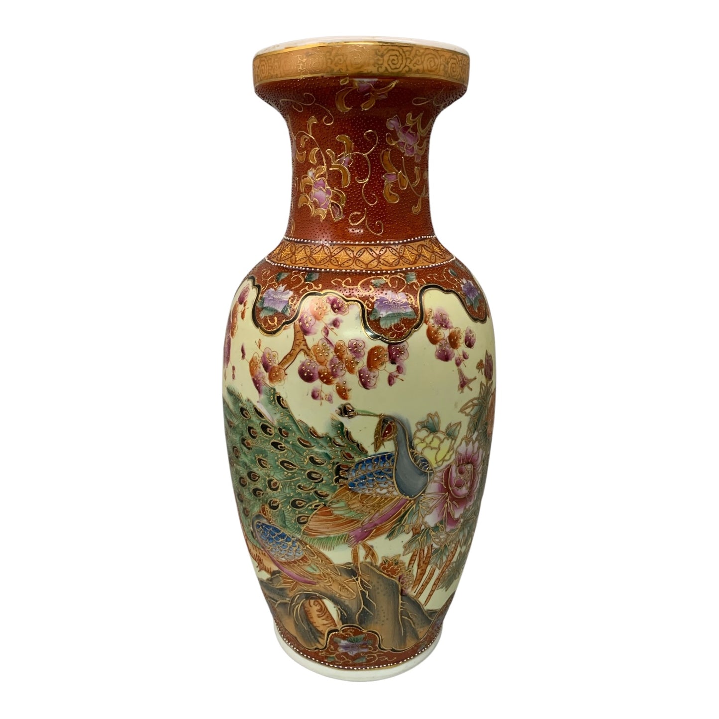 4450 - 18" Satsuma Vase with Peacock Design for Elegant Home Decor and Garden Display |10-16|