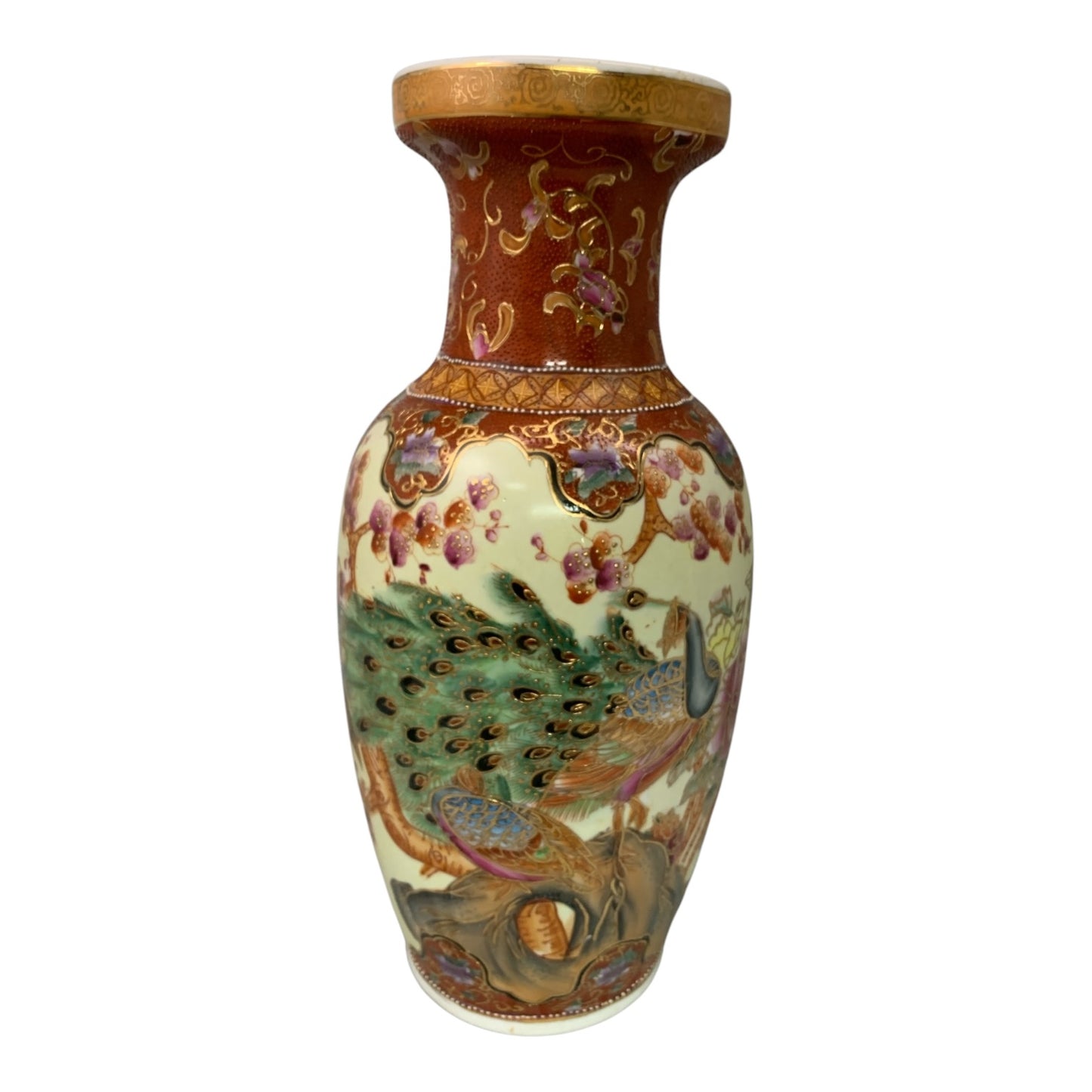 4450 - 18" Satsuma Vase with Peacock Design for Elegant Home Decor and Garden Display |10-16|