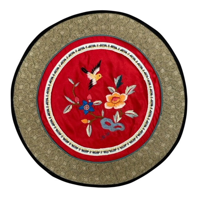 4749 - Vintage Silk 11" Round Embroidery Doily Flowers and Feathers |17-30|