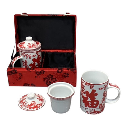 5042 - Red Cherry Blossom Tea Set Set of 2 Cups With Strainer |21-27|