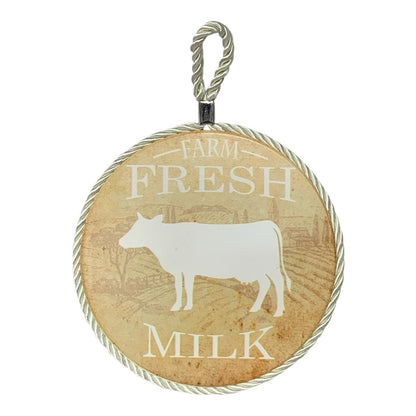 5499 - Farm Fresh Milk Sign 5 Inch Round With Rope Border Rustic Cow Silhouette |1-35|