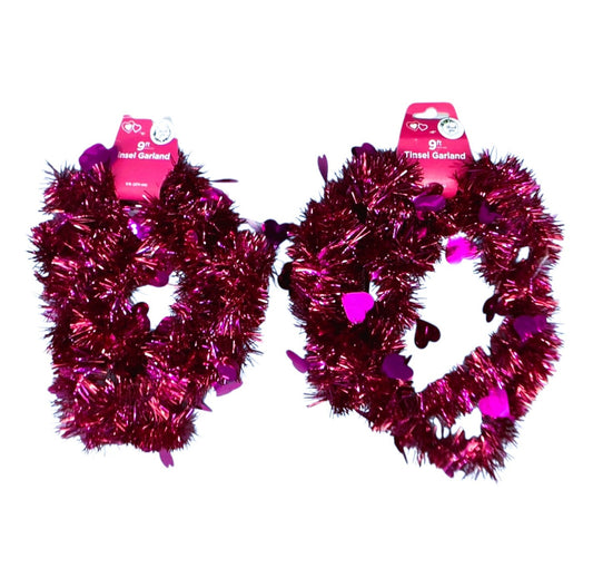 5547 - Set of Two 9’ Pink Tinsel Heart Garland |7-10|