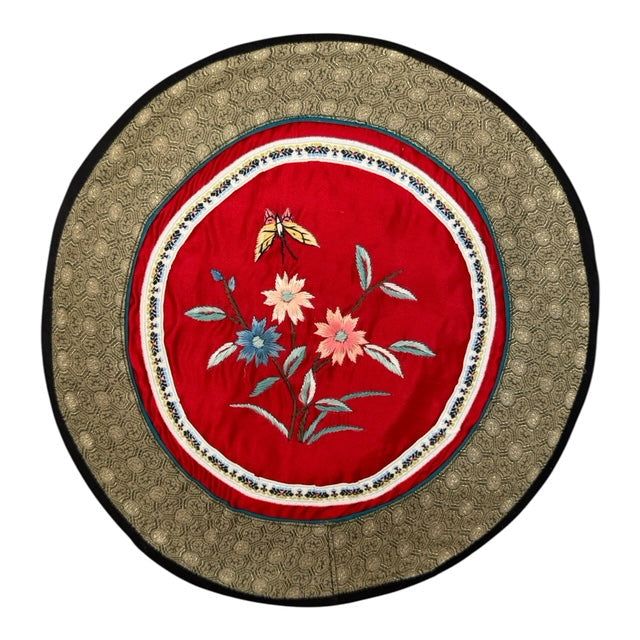 5869 - Vintage Silk 11" Round Embroidery Doily Butterfly and Flowers |17-30|