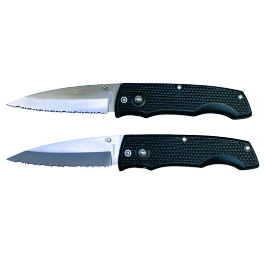 6388 - Set Of Two 7.5" Black Lockback Knife Serrated Stainless Steel Blade |77|