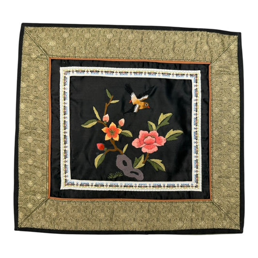 6449 - Vintage Silk 11" Square Embroidery Doily Beautiful Flowers and Bird |17-30|